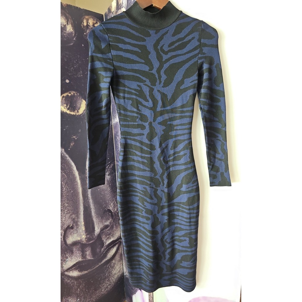 RIVER ISLAND Midi Mock Neck Blue Black Animal Print Long Sleeve Bodycon Dress‎